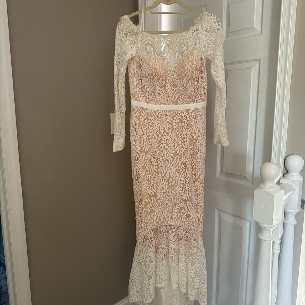 Pink and Tan Ruffled Long Sleeve Sheath Dress